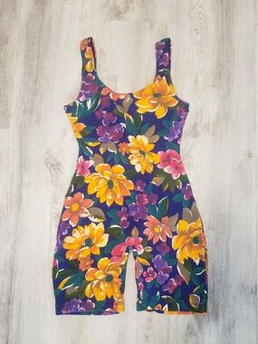 Floral Print Active Romper - Purple & Yellow